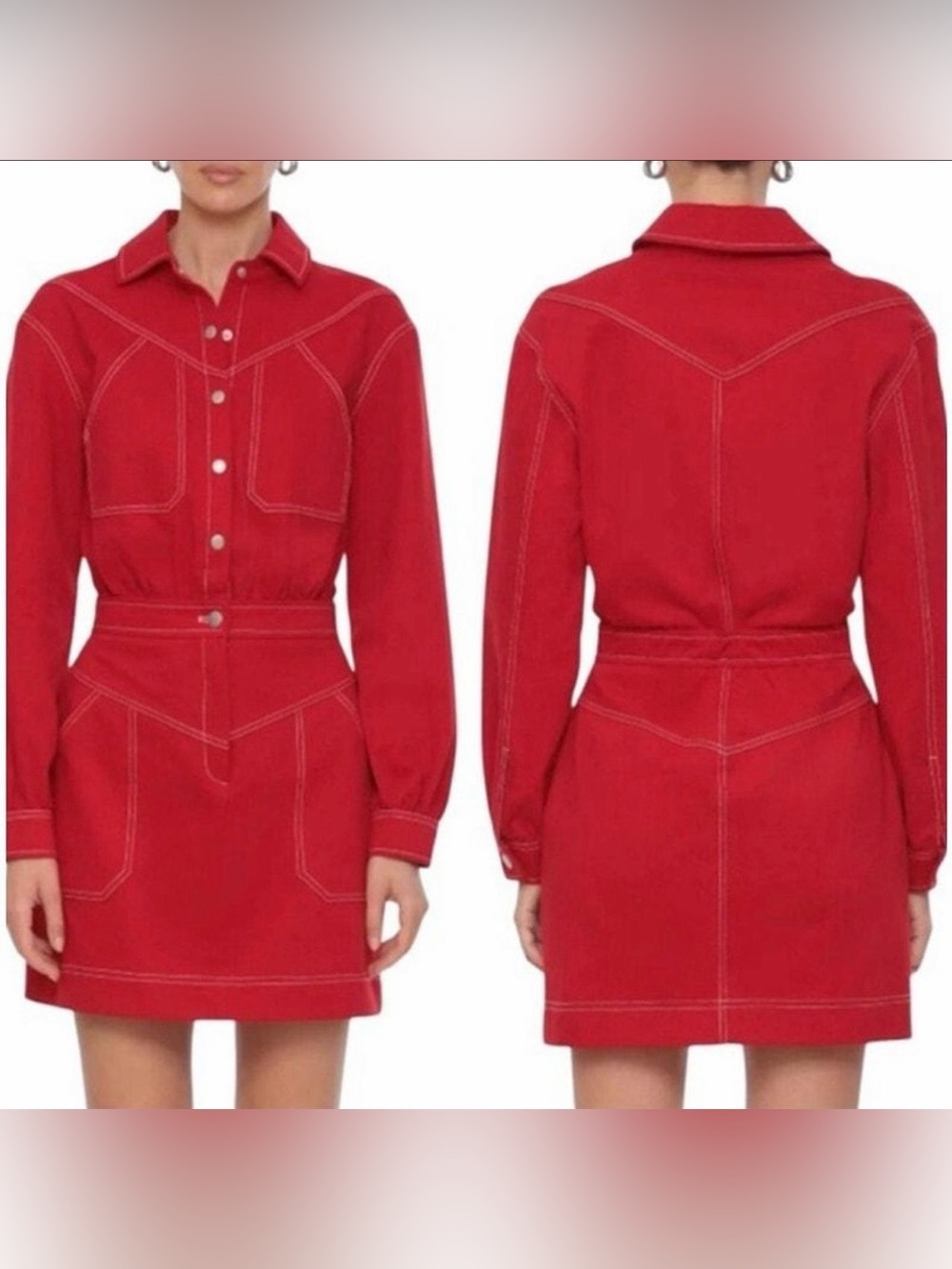 7 For All Mankind Red Denim Button-Up western Mini Dress